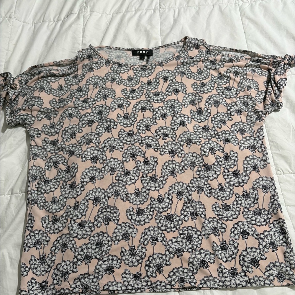 DKNY Women's Top with Pink and Black Floral Design